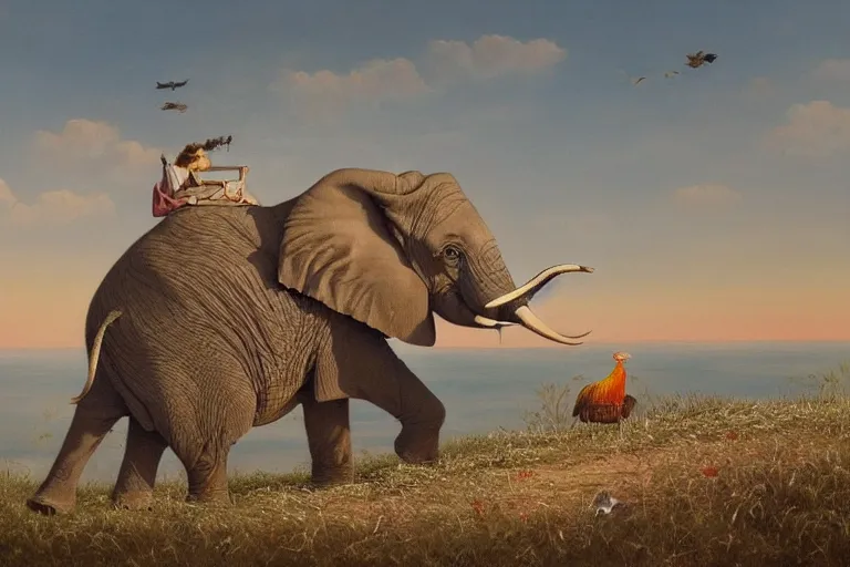 Prompt: Beautiful painting of an elephant sitting on the back of a flying hen by wes anderson, trending on artstation , 8k