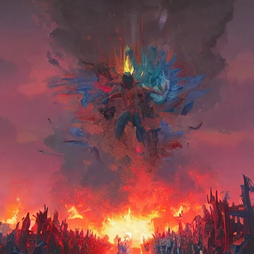 Image similar to a colorful depiction of god laying waste to hell, greg rutkowski