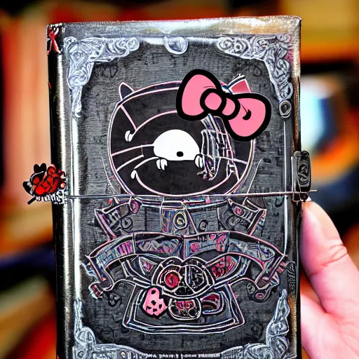 Image similar to a photo of the necronomicon with a ((hello kitty)) sticker on it