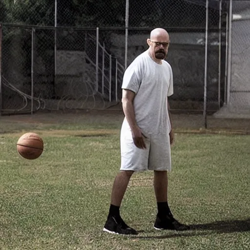 Prompt: walter white playing basketball in the prison yard