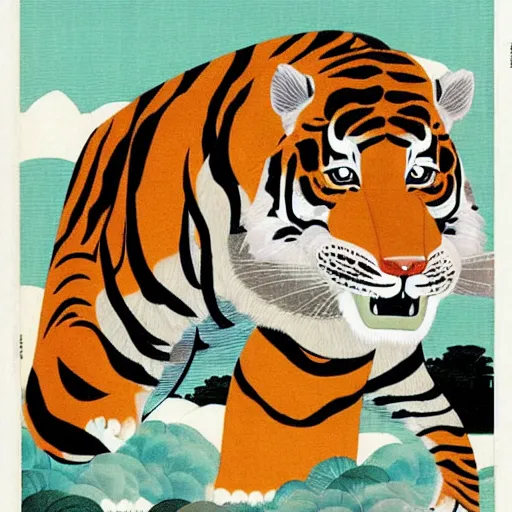 Image similar to a delorean protecting a tiger, japanese magazine collage, art by hsiao - ron cheng and utagawa kunisada