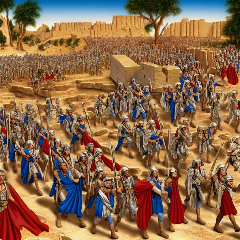 Image similar to the army of ancient israel marching behind the ark of the covenant around the walls of ancient jericho, by lisa frank, mark brooks, 8 k high detail