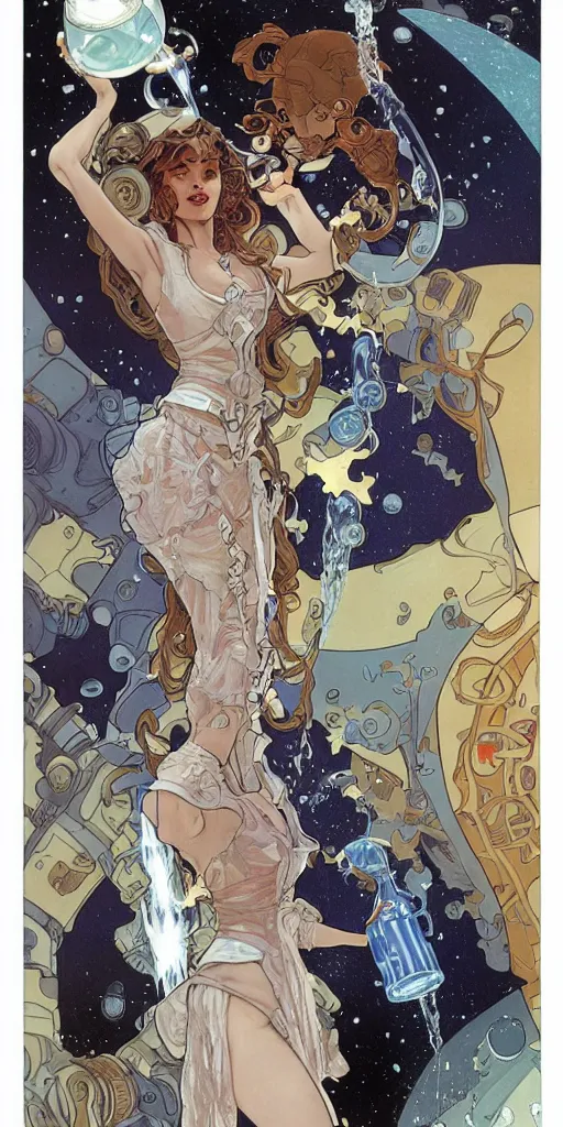 Image similar to a woman wearing outer space as a dress, pouring water from a vase into the milky way, by joe madura, by travis charest, by alphonse mucha, battle chasers.