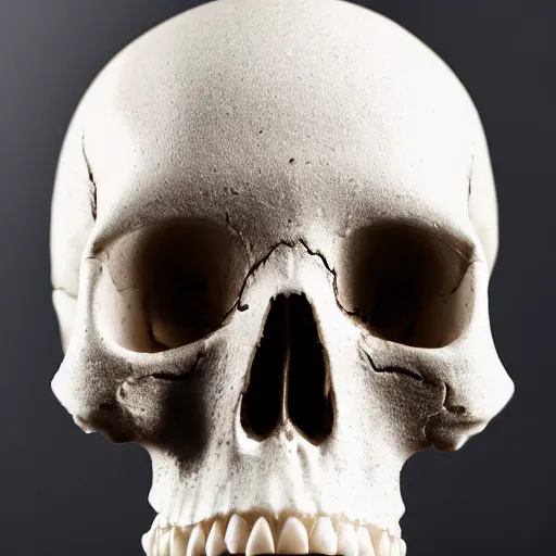 Image similar to a tiny, pristine white human Skull, plain black background, close-up macro photography, bokeh, shallow focus