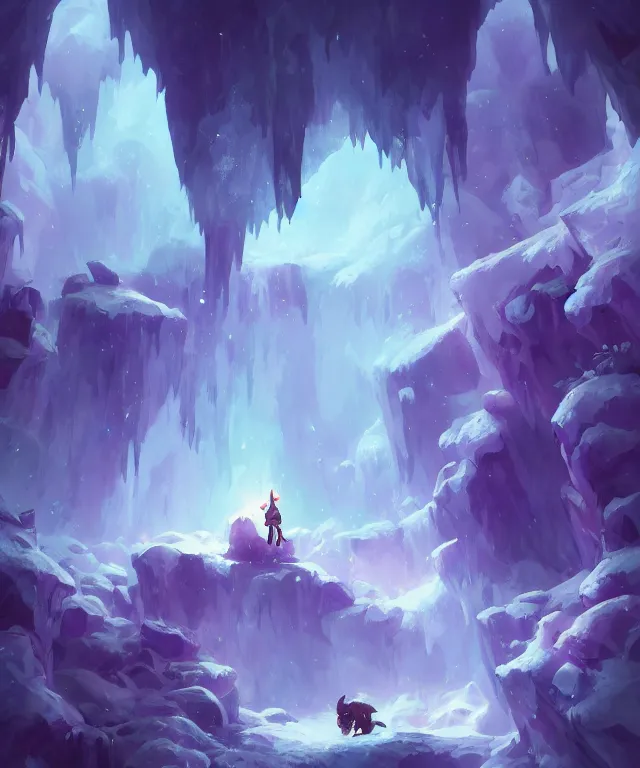 Prompt: The benevolent purple amethyst spirit in a magical crystal icy cave, tense cinematic composition, by Andreas Rocha