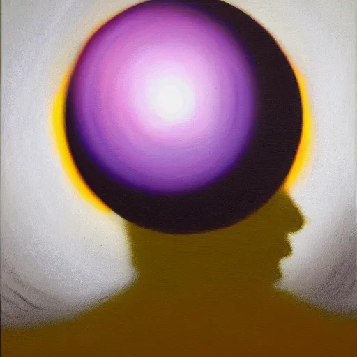 Image similar to An orb of light oribiting around a mans head, oil on canvas painting, pastel colours