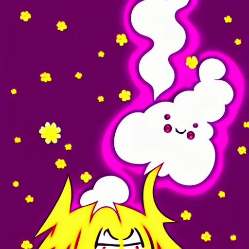 Image similar to kawaii wacky fluffy popcorn with lightning bolt power, yokai, in the style of a manga character, with a smiling face and flames for hair, sitting on a lotus flower, white background, simple, clean composition, symmetrical