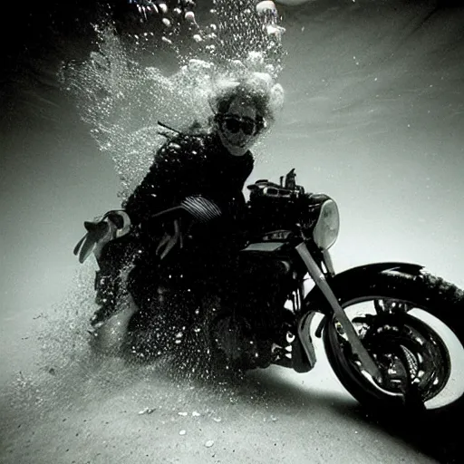 Prompt: Underwater photo of a motorcycle by Trent Parke, clean, detailed, Magnum photos