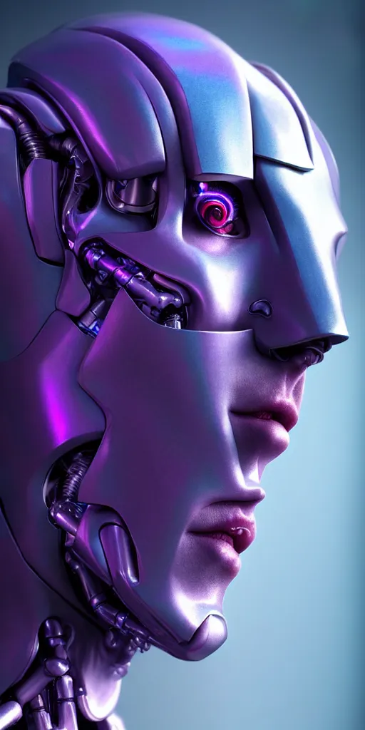 Image similar to hyperrealistic close-up of art deco cyborg man with purple hair and pearlescent blue skin wayne barlowe machiej kuciara very dramatic lighting on one side wide angle 35mm shallow depth of field