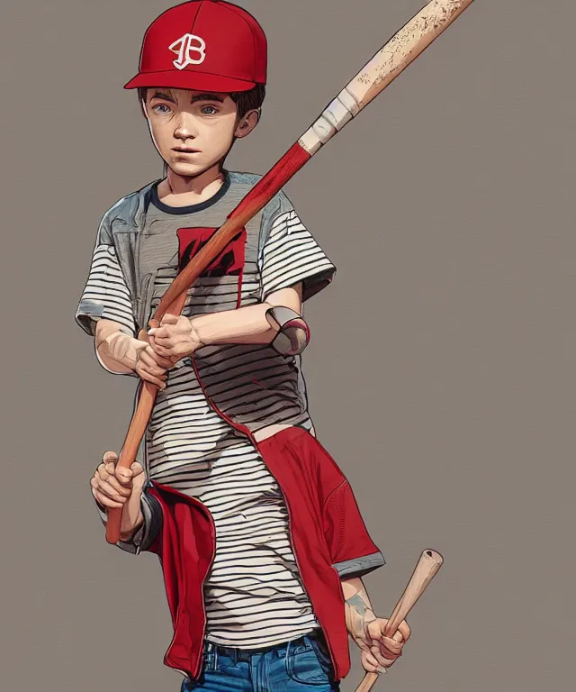 Image similar to a young boy wearing a horizontal striped shirt and a red baseball cap and jean shorts, holding a baseball bat, digital painting, artstation, concept art, sharp focus, octane render, illustration, art by geof darrow,