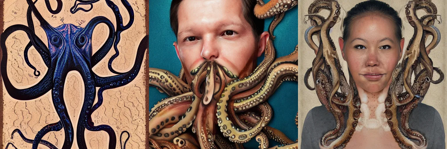 Prompt: A portrait of a person with octopus skin and tentacles, realistic photo, highly detailed