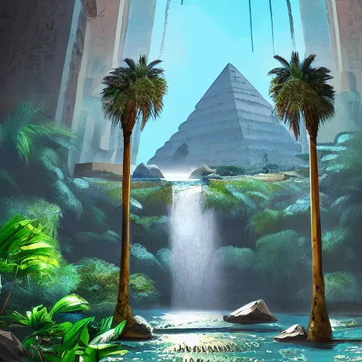 Prompt: a ancient egyptian city with plants and waterfalls, digital art retrowave art,trending on art station