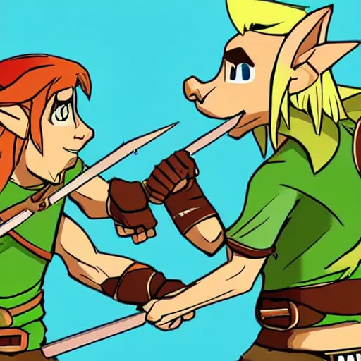 Image similar to a cartoon version of Link, fighting a Bokoblin