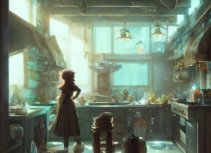 Prompt: inside a kitchen, unreal engine, fantasy art by greg, loish, rhads, ferdinand knab, tom bagshaw, makoto shinkai and lois van baarle, rossdraws, ilya kuvshinov, night lighting, trending on studio ghibli, highly detailed, 8 k, octane render