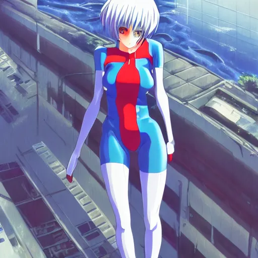 Image similar to anime art, anime fullbody shot of female rei ayanami, long blue hair and large eyes, finely detailed perfect face, in a modern skintight plugsuit, laying on a rooftop, flooded metropolis in ruins, red sea, trending on pixiv fanbox, evangelion, extremely high quality artwork by ilya kuvshinov