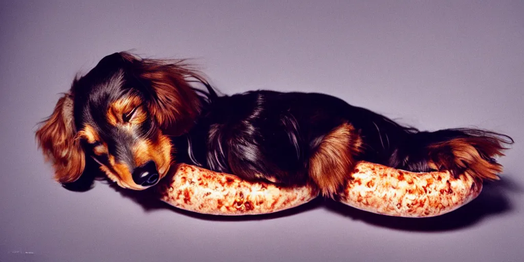 Image similar to A longhaired dachshund sleeps on a sausage in zero gravity, by Salvador Dalí, studio lighting, harmony color, Leica M6, 85 mm