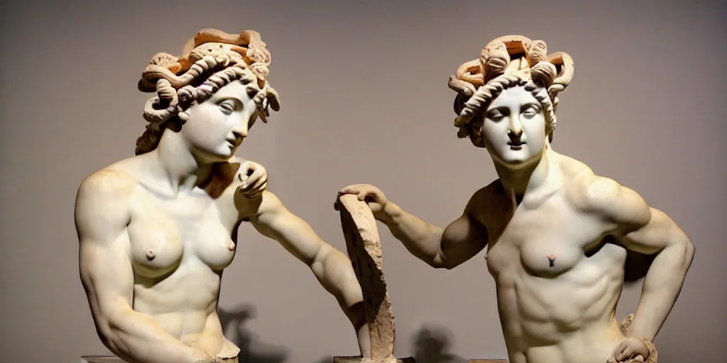 Image similar to ancient greek sculpture, bust, multiple poses, flawless beauty, young woman as medusa, strong jawline