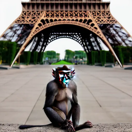 Image similar to high quality portrait of a monkey in front of eiffel tower, studio photograph, photograph, realistic photo, 8k photo, 4k photo, stock photo, high resolution, cinematic shot, high detail