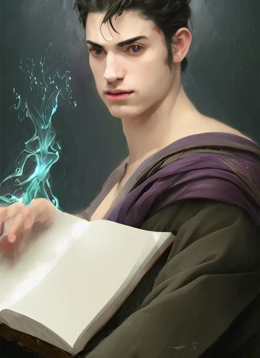 Prompt: character concept portrait of an handsome young focused Spanish wizard with pale purple skin enchanting an water spell, a floating iridescent spell book in the center, intricate, elegant, digital painting, concept art, smooth, sharp focus, illustration, from Metal Gear, by Ruan Jia and Mandy Jurgens and William-Adolphe Bouguereau, Artgerm