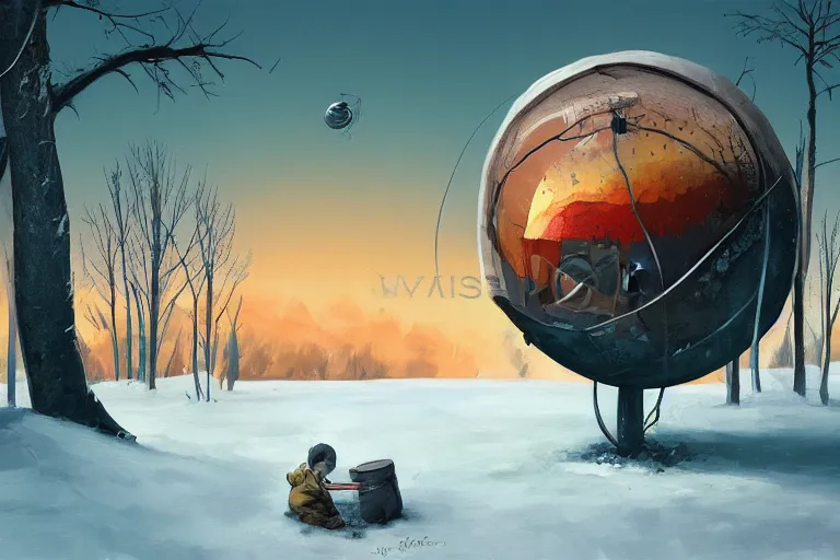 Image similar to surreal painting of a kid hiding in a giant rusted metal sphere in the woods in the style of simon stalenhag, sunset, snow, cold light, digital painting, concept art
