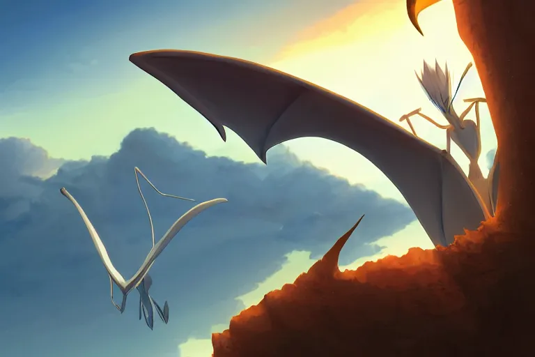 Image similar to a closeup of a large smooth skinned white creature hybrid pterosaur alien, small quills along it's back, long fangs, sitting on a cliff high in the sky, sunset, backlit, beautiful composition, by makoto shinkai an krenz cushart