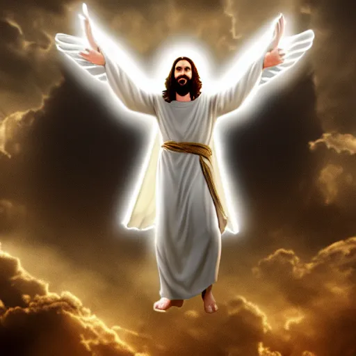 Image similar to Jesus Christ with white wings, dynamic lighting, +++++++++++ dynamic pose, high resolution, powerful, halo, 8k, glitch effect