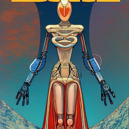 Image similar to beautiful portrait of the mysterious organic robot, vogue cover, vogue poses, beautiful futuristicornamental cape, intricate, highly detailed, masterful, fantasy world, sci fi world, in the style of moebius, akira toriyama, jean giraud, 8 k