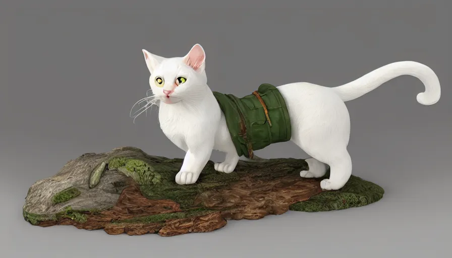 Prompt: hand painted figurine of white cat with green eyes, snow, hyperdetailed, artstation, cgsociety, 8 k