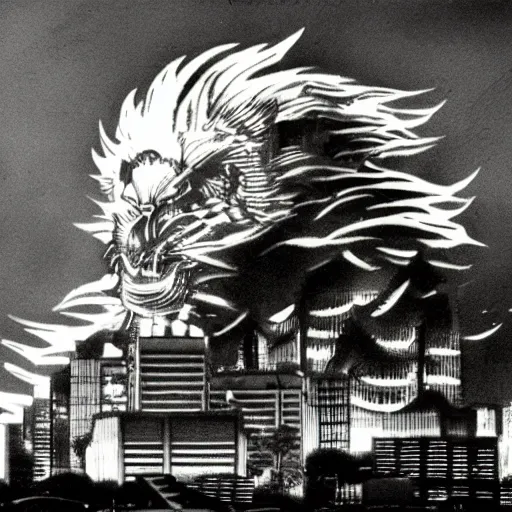 Image similar to golden lion tamarin destroying tokyo in the style of the movie godzilla, cinematic lighting, cinematic framing and shadows 1 9 7 0 s aesthetic