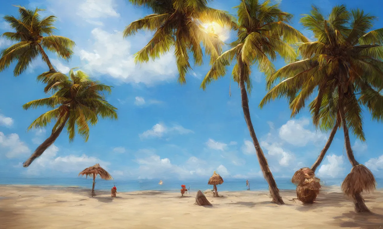 Prompt: coconut on beach, trending on artstation, by Noah Bradley