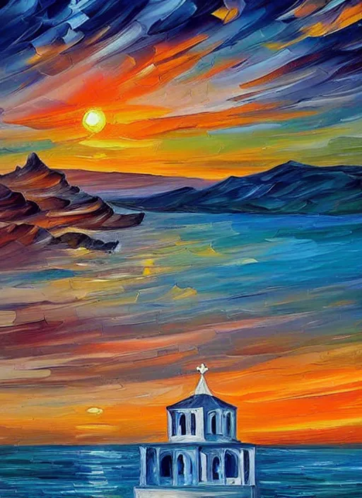 Prompt: beautiful seaside greek chapel surrounded by a village at sunset in the style of leonid afremov