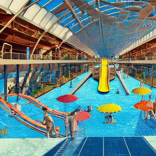 Image similar to waterpark in an airport, digital art, cinematic lighting, epic composition, highly detailed