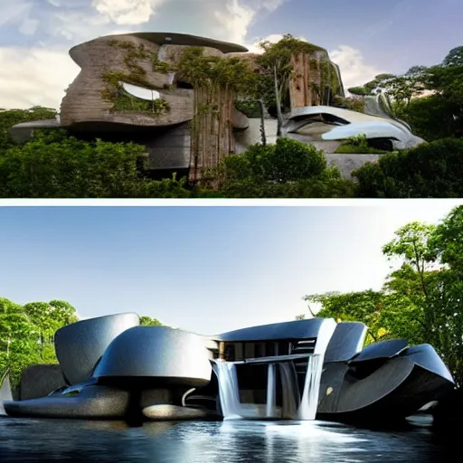 Image similar to a futuristic modern house, on a floating rock island, alien planet covered in water, multiple waterfalls, multiple moons glowing, stars, frank gehry