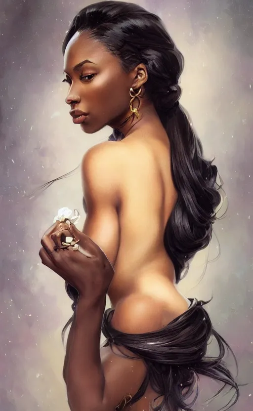 Image similar to a portrait of an attractive young Black female, beautiful long hair, clothed like a femme fatale, intricate, elegant, highly detailed, digital painting, trending on artstation, concept art, smooth, sharp focus, illustration, art by artgerm and greg rutkowski and alphonse mucha