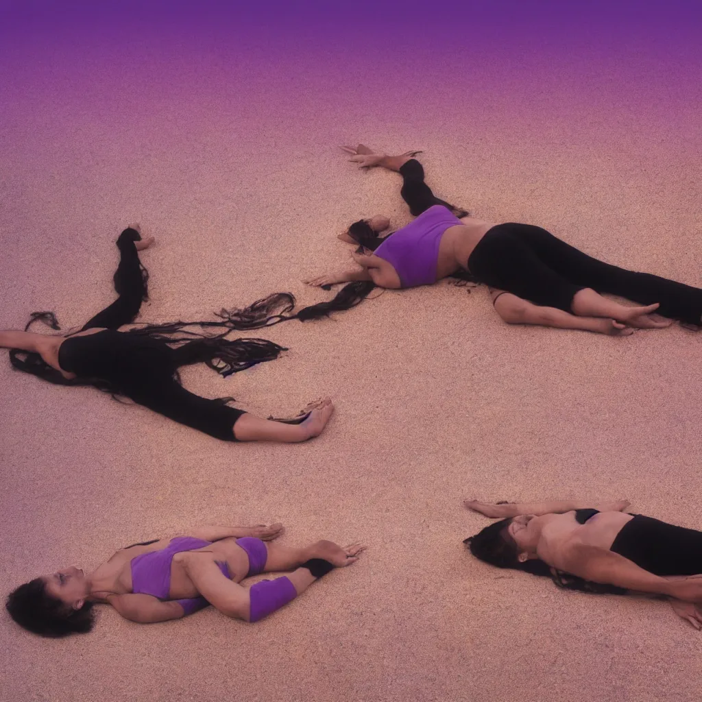 Image similar to cinestill medium view of iridiscent oil spill in desert dunes of sand tempest with women corpses connected by cables and computers to wax forms to a buried baby relaxing on yoga mat, faded, purple gradient, dust, purple fog, depth of field, by werner herzog, hans bellmer and nadav kander, 8 k, sad atmosphere, cinematic