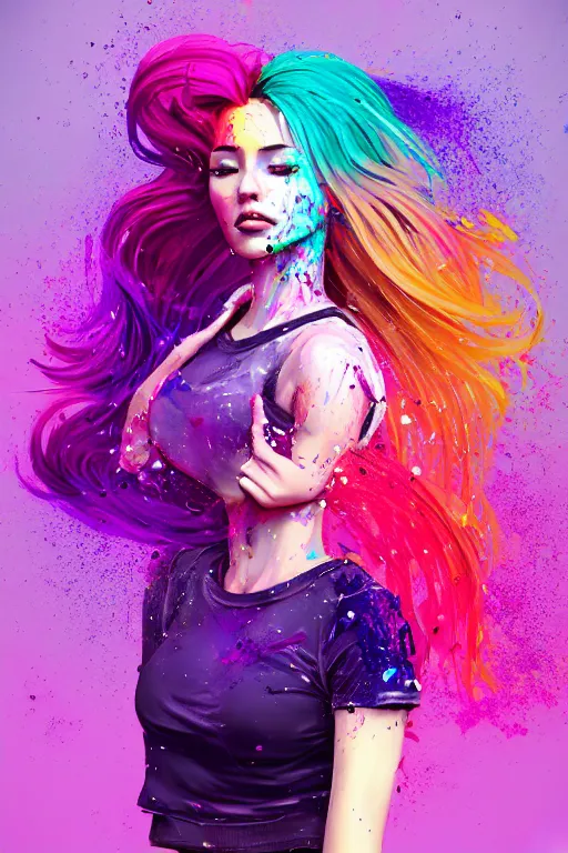 Image similar to a award winning half body porttrait of a beautiful woman in a croptop and cargo pants with ombre purple pink teal hairstyle with head in motion and hair flying, paint splashes, splatter, outrun, vaporware, shaded flat illustration, digital art, trending on artstation, highly detailed, fine detail, intricate