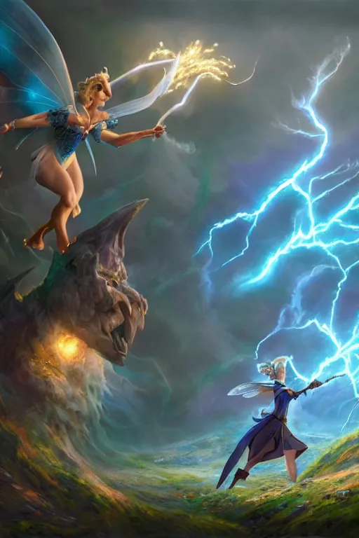 Image similar to legendary fairy prince casting a lightning spell,, blue energy, highly detailed, d & d, fantasy, highly detailed, digital painting, trending on artstation, concept art, sharp focus, illustration, global illumination, ray tracing, realistic shaded, art by artgerm and greg rutkowski and fuji choko and viktoria gavrilenko and hoang lap