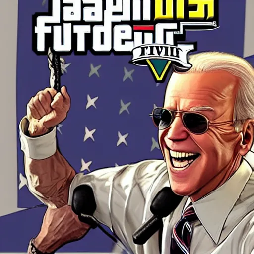 Prompt: joe biden wearing aviators and laughing in gta v, cover art by stephen bliss, boxart, loadscreen