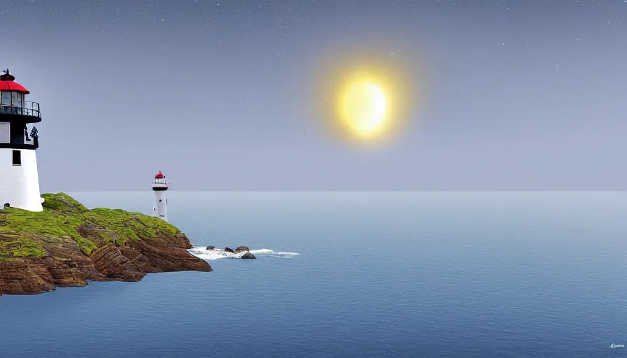 Image similar to a ufo hovers over a lighthouse out at sea, digital art, highly detailed, realistic, bright colors, 8 k