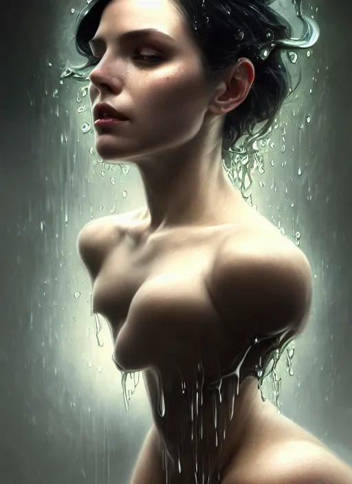 Image similar to a full body perspective of a stout preistess of moody elemental darkness, crooked nose, wet, fantasy, shiny, intricate, elegant, highly detailed, ultra definition, digital painting, artstation, vray, concept art, smooth, high speed photography, illustration, art by artgerm and greg rutkowski and alphonse mucha and james jean