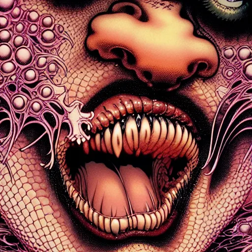 Image similar to closeup of face melting and tongues, by yoichi hatakenaka, masamune shirow, josan gonzales and dan mumford, ayami kojima, takato yamamoto, karol bak