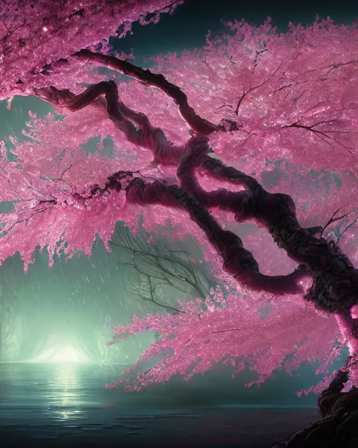 Image similar to one singular matte painting of a wet bioluminescent cherry blossom tree, highly detailed, digital painting, cinematic, hyper realism, dark retrowave, art by stanley lau and artgem and magali villeneuve and alphonse mucha, artstation, octane renderer, cgsociety