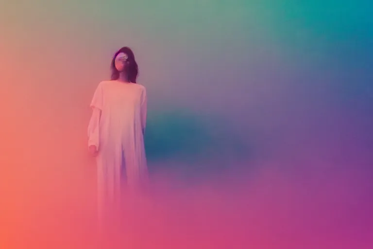 Prompt: high quality pastel coloured film photograph of a model wearing black clothing resting on clouds in a haze filled dreamstate world. three point light, rainbow. photographic production. art directed. pastel colours. volumetric clouds. pastel gradient overlay. waves glitch artefacts. 8 k. filmic.