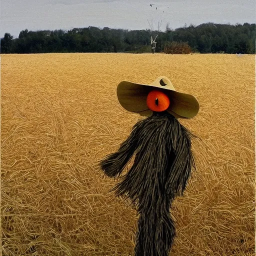 Image similar to a scarecrow in a field in the style of andrew wyeth