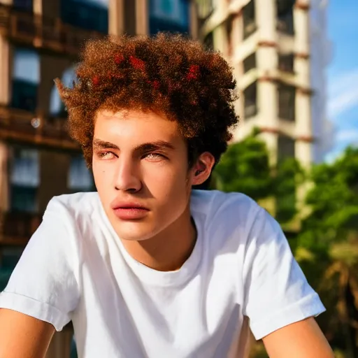 Prompt: white teenager with curly blonde hair red t shirt airpods attractive, high - quality photo realistic highly detailed high - quality 8 k