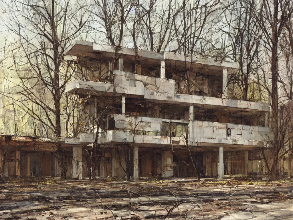 Prompt: A beautiful painting of a dilapidated post-modern building in the wood, by Coby Whitmore, Trending on artstation, very detailed