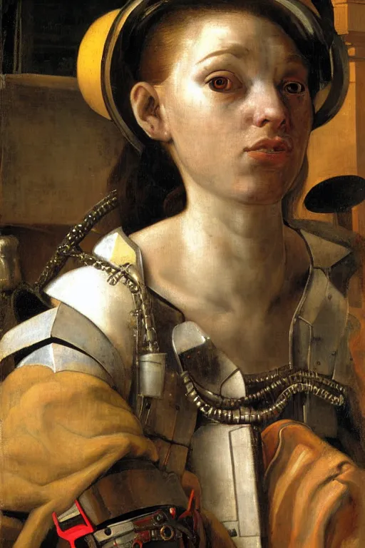 Prompt: a close - up portrait of a cyberpunk cyborg girl, by jan steen, rule of thirds