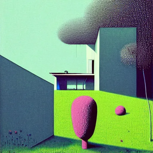 Image similar to surreal glimpse into other universe, house by tadao ando, summer morning, very coherent and colorful high contrast, art by!!!! gediminas pranckevicius!!!!, geof darrow, floralpunk screen printing woodblock, dark shadows, hard lighting, stipple brush technique,