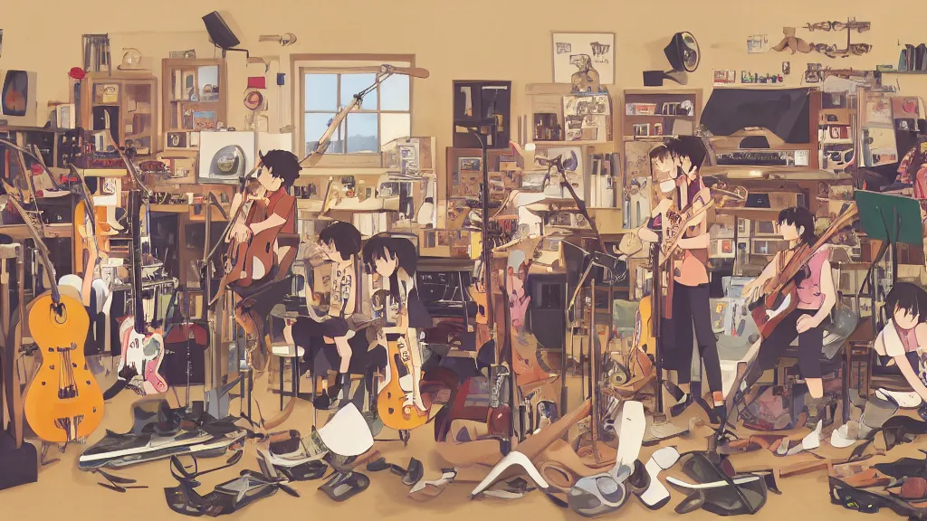 Prompt: studio ghibli, a teenage music band playing music, in the middle of an untidy room full of music instruments everywhere on the floor and on the wall, real guitars hanging on the wall, sharp focus, real saxophones, real sousaphones, standing microphones, real bongos, real congas, real pianos, digital art, artstation