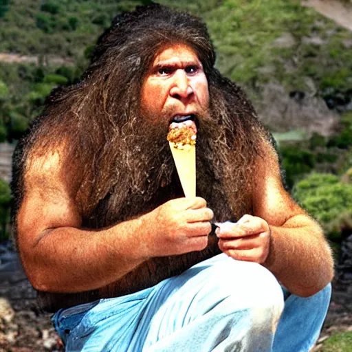 Image similar to photo of a neanderthal caveman eating ice cream